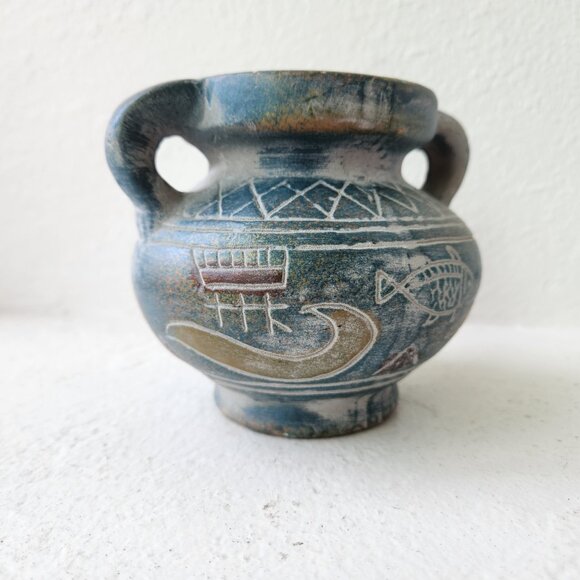 Mediterranean Boats & Fish Motif Pottery Jar: Greek Style Double Handle Vase - Picture 10 of 13